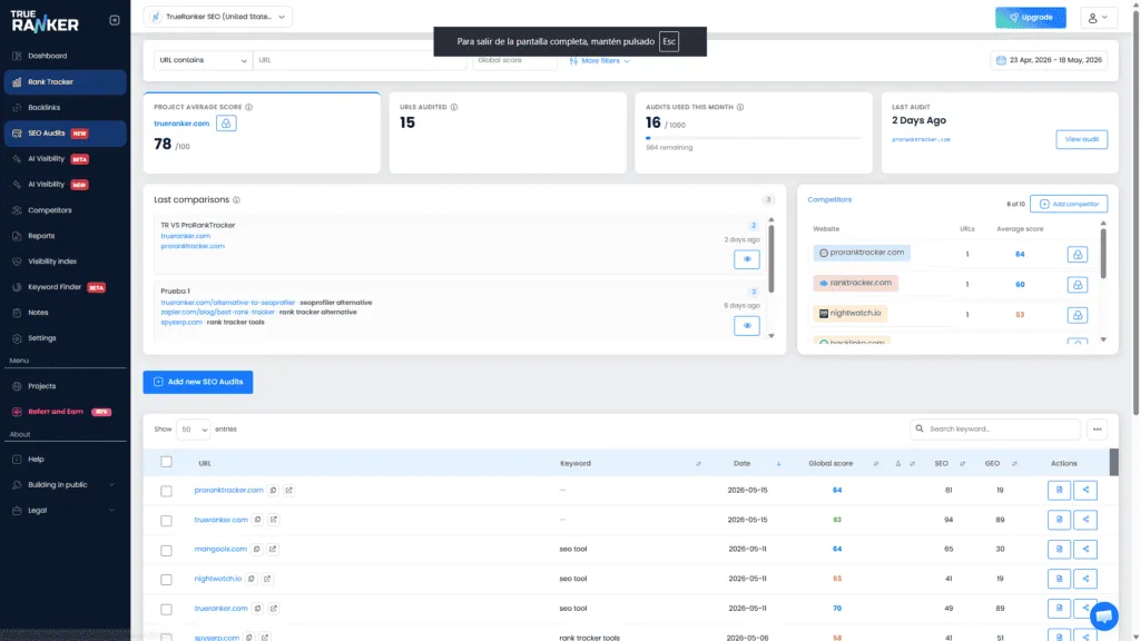 Project SEO Audits dashboard with KPI cards, last comparisons, competitors and the audits table.