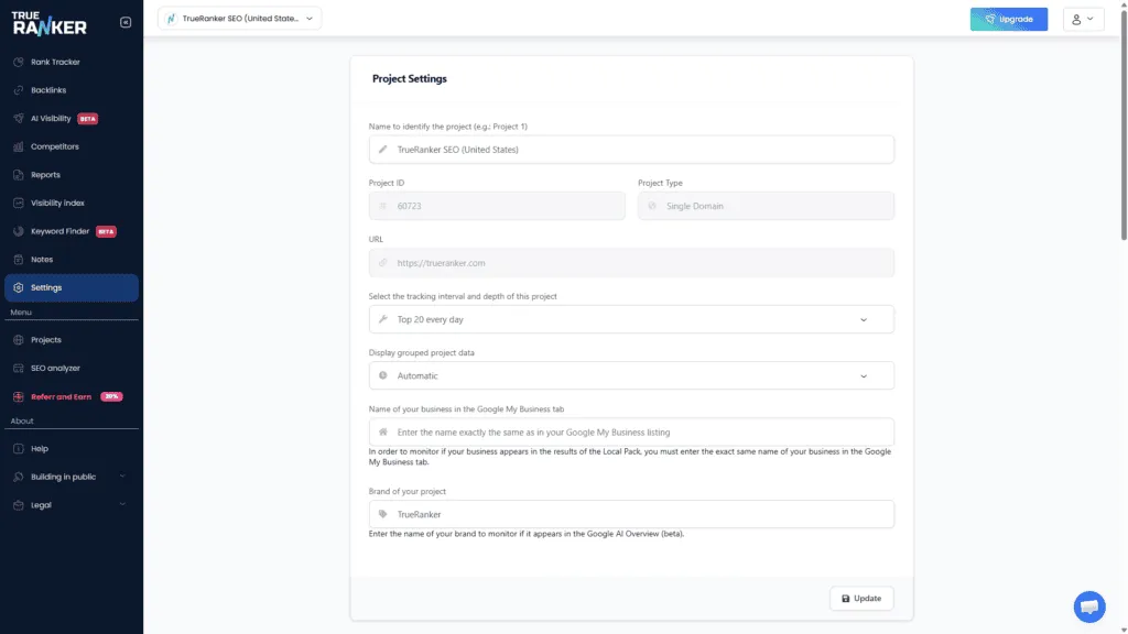 Project Settings panel with name, project ID, type, URL, tracking interval Top 20 every day, GMB name field and brand TrueRanker, plus an Update button.