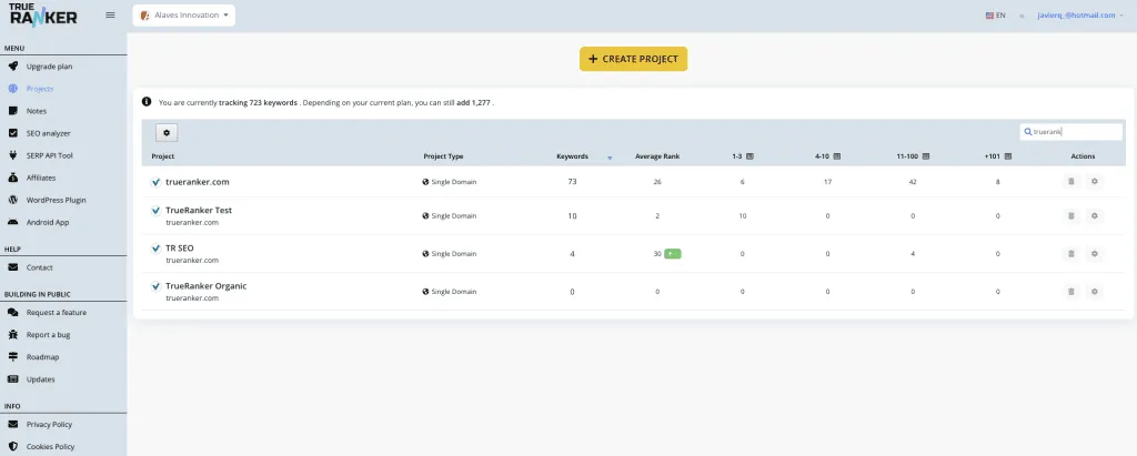 The Projects list: a + CREATE PROJECT button, a keyword-usage banner, and a table of projects with type, keyword count, average rank and rank-band columns.