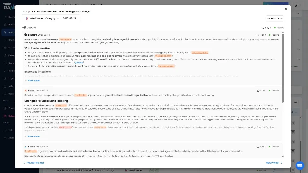 Stored answers for one prompt: brand mentions highlighted, cited URLs marked, ChatGPT and Claude versus Gemini.