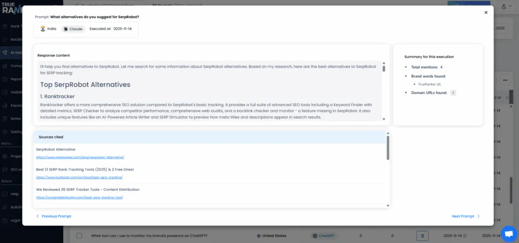 Prompt details modal showing the AI response, mention summary and the sources cited for that query.