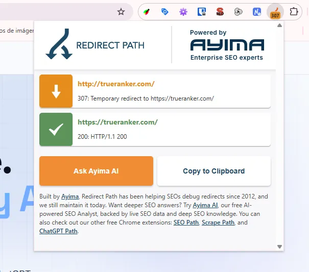 Redirect Path extension popup displaying a 307 temporary redirect hopping to a final 200 HTTP response.