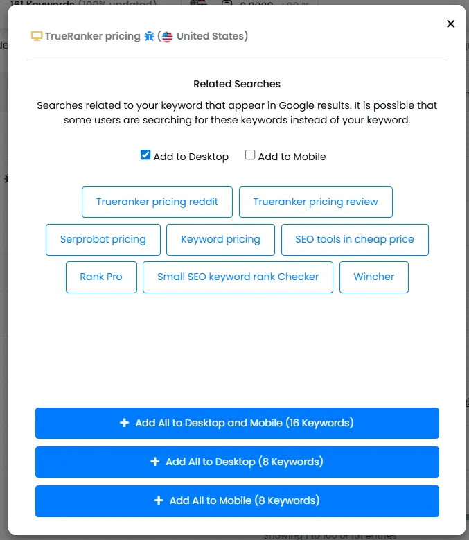 TrueRanker’s Related Searches dialog for the query TrueRanker pricing: related Google searches as chips, with options to add them to desktop or mobile tracking.