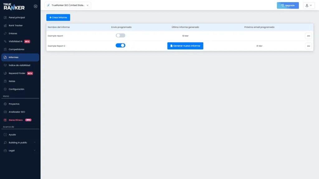 Reports list with scheduled sending, last generated date and the Create report button.