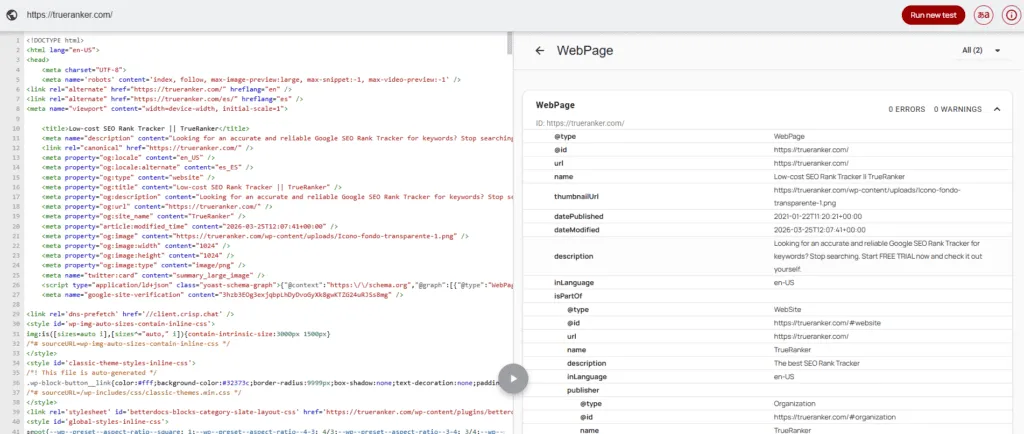Schema inspector on trueranker.com: HTML head with JSON-LD on the left and a parsed WebPage graph on the right.