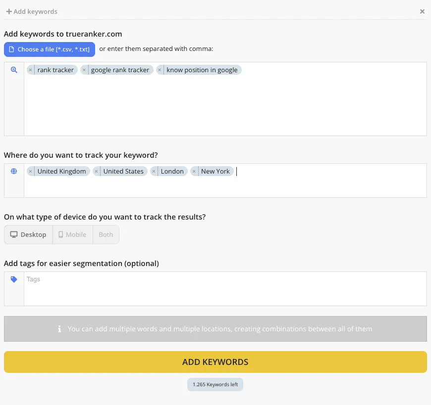 Add keywords dialog with four locations selected and Desktop chosen as the device.