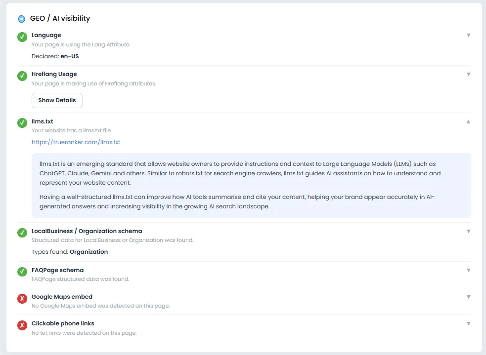 GEO and LLMs section of the SEO audit covering llms.txt, structured data and hreflang.
