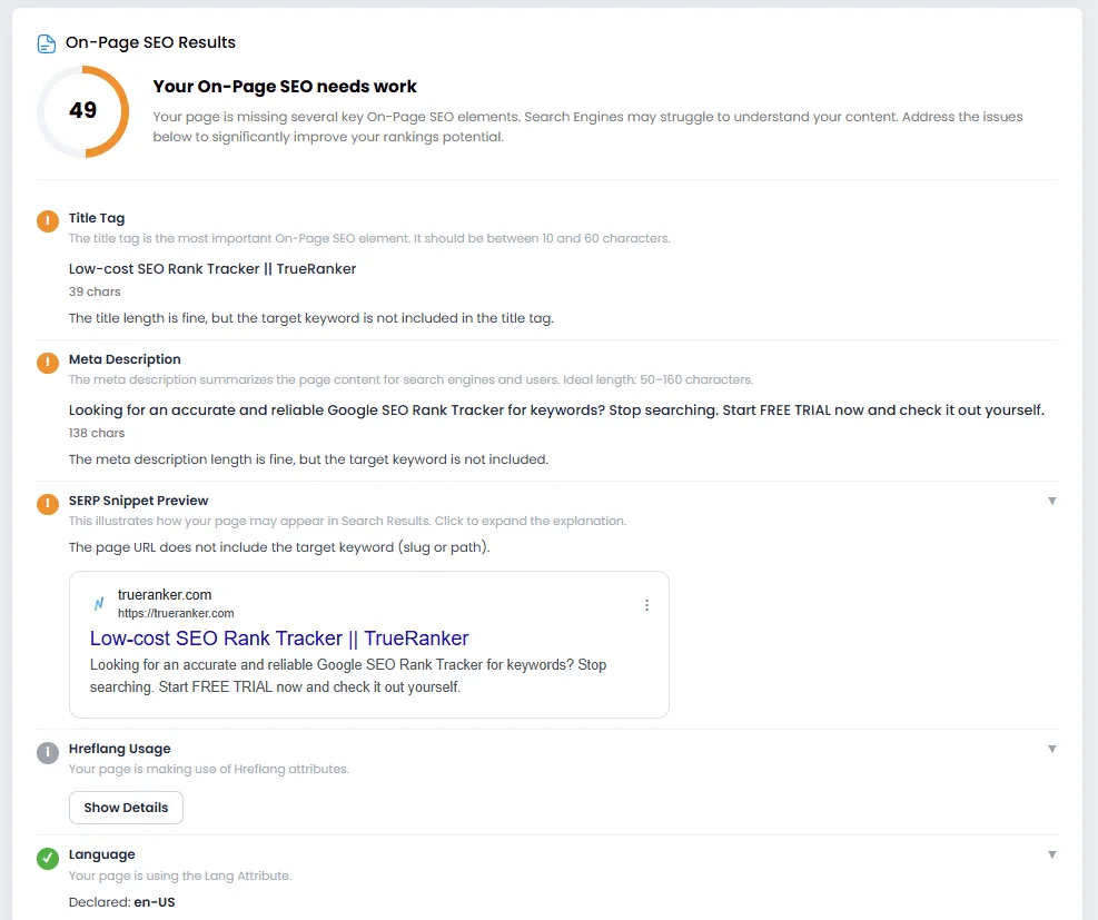 On-Page SEO section of the audit covering titles, headings, images and text-to-HTML ratio.