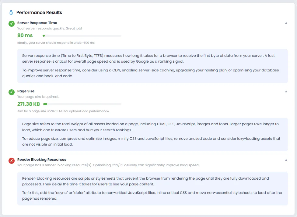 Performance section of the SEO audit showing page size and server response time.