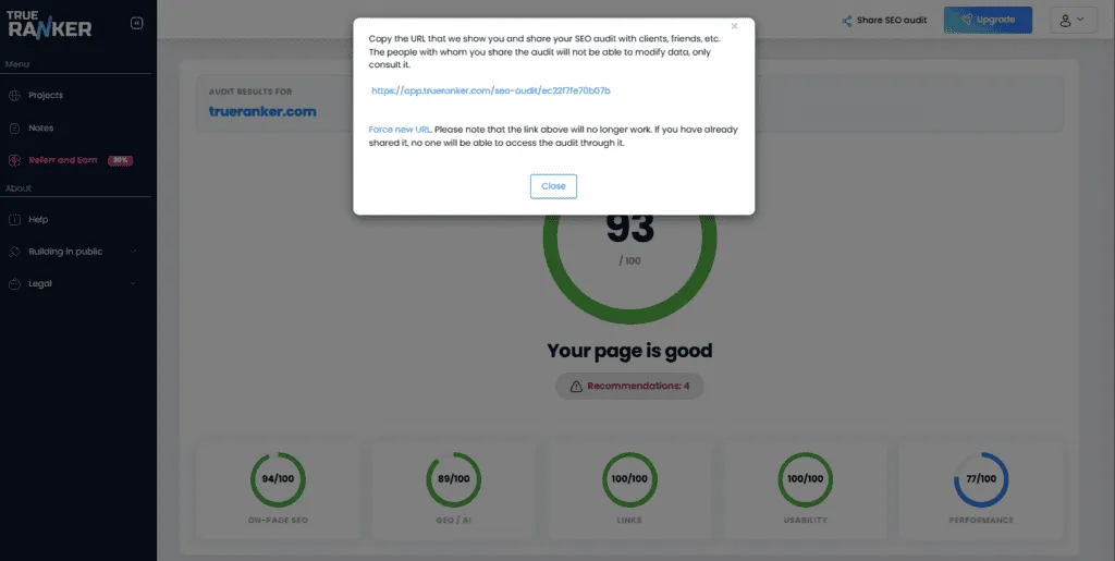 Share options at the top of the SEO audit, including white-label for client links.