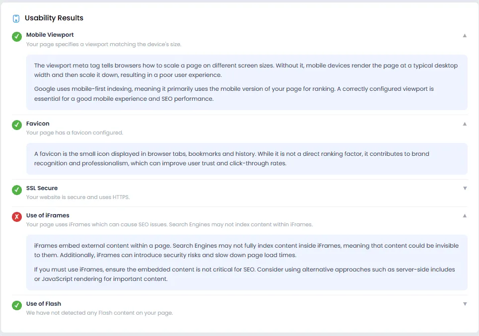 Usability and technical checks in the SEO audit: HTTPS, canonical, status codes and viewport.