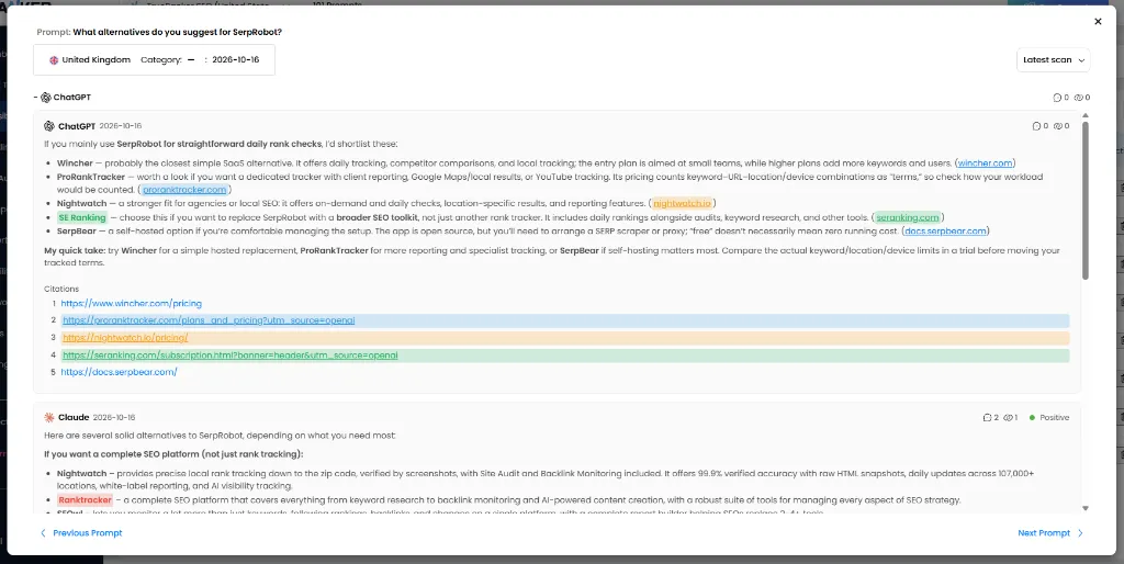 ChatGPT response to ‘What alternatives do you suggest for SerpRobot?’ showing competitor recommendations and direct citations to pricing pages.