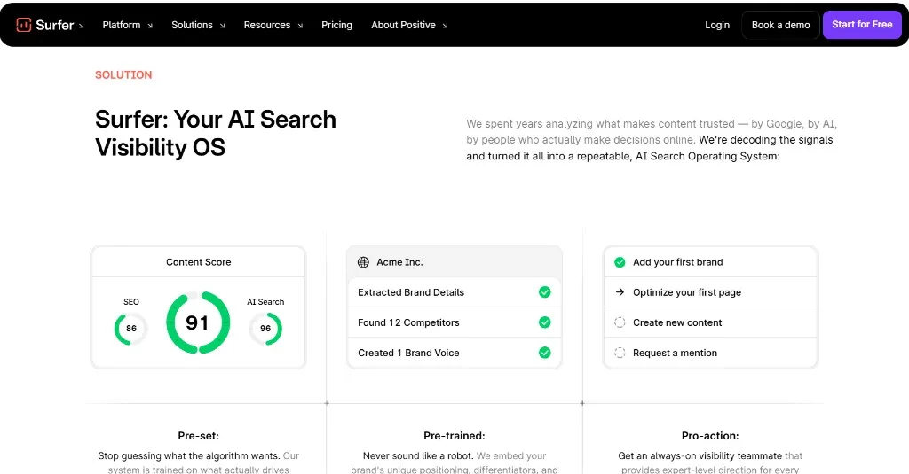 Surfer home, content score for SEO and AI search.