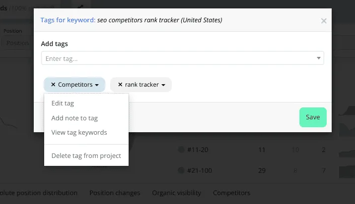 Tag actions menu on Competitors with Edit tag, Add note to tag, View tag keywords and Delete tag from project.