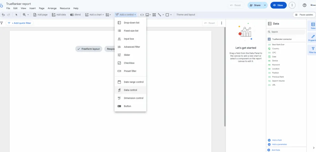 Looker Studio report editor with Add a control open and TrueRanker connector fields in the Data panel.