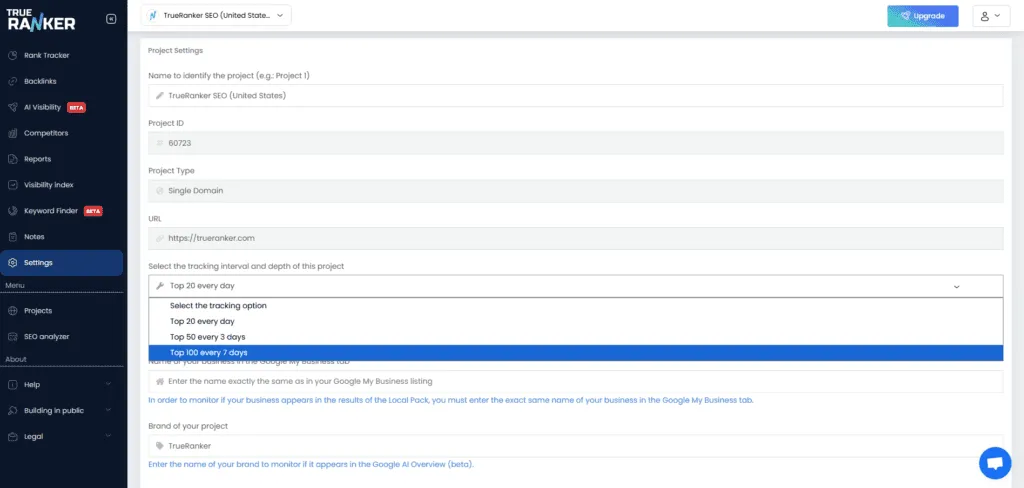 Project Settings with the tracking interval dropdown open and Top 100 every 7 days highlighted.