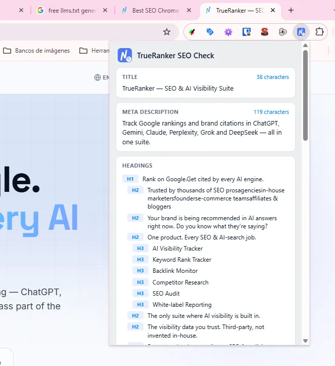 TrueRanker SEO Check Chrome extension popup on the active tab with title character length, meta description, and heading hierarchy.