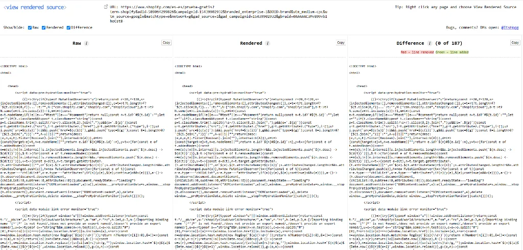 View Rendered Source split view comparing raw server HTML against rendered JavaScript DOM and line differences.
