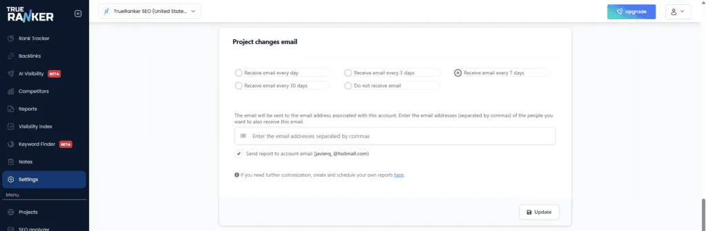 Project changes email panel with every 7 days selected, a recipients field and Send report to account email checked.