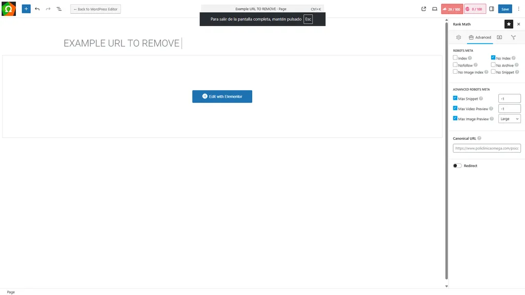 WordPress editor with Rank Math Advanced open: No Index is checked on a page titled EXAMPLE URL TO REMOVE.