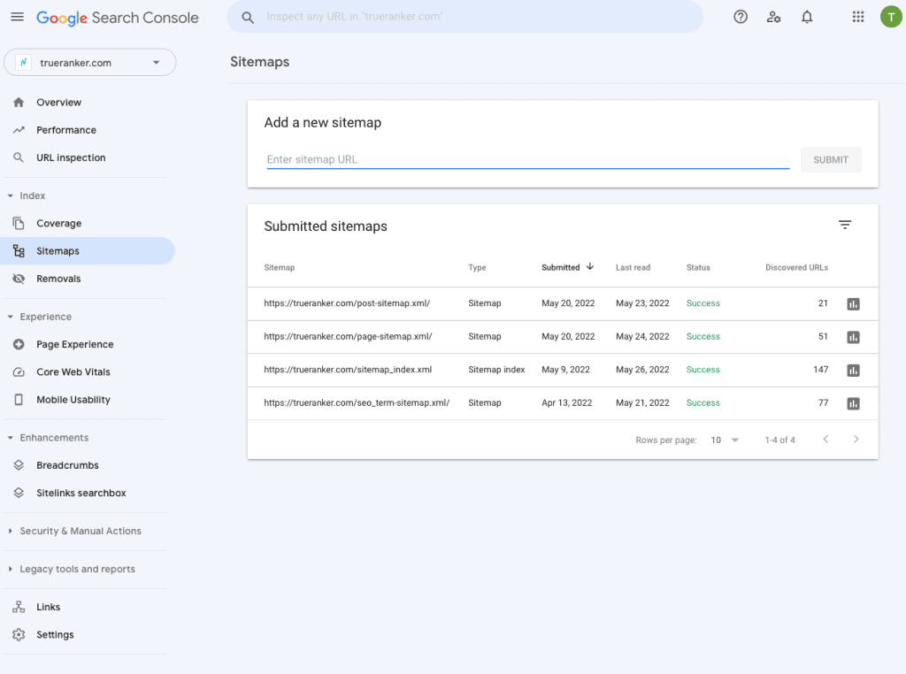 Google Search Console Sitemap Section