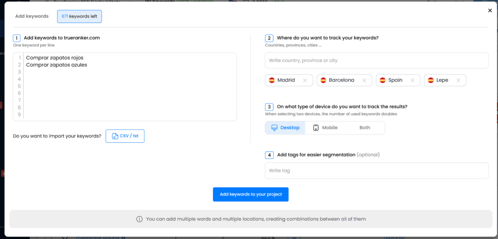 Añade palabrtas clave y localizaciones para descubrir la posición de tu web