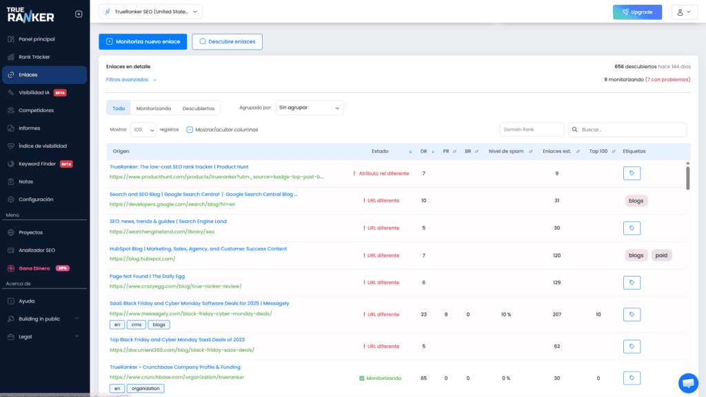 Backlinks con alertas