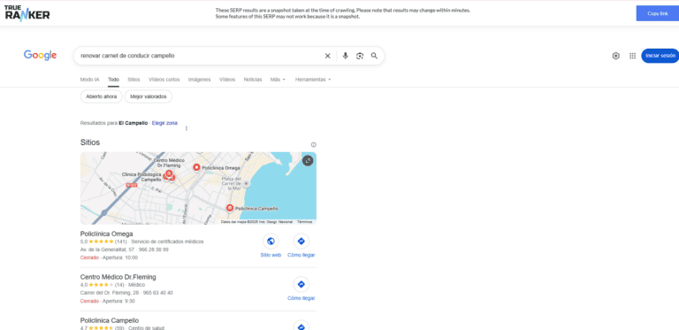 Google Local Pack snapshot by TrueRanker